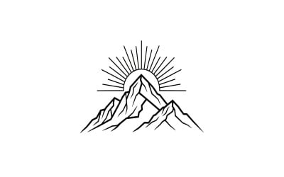 Minimalist line art logo of mountain range with rising sun rays isolated on white background