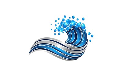 Stylized blue and silver wave logo with splashing water droplet element isolated on white background
