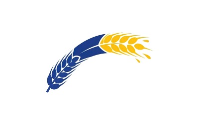 Stylized feather and wheat stalk logo design in blue and yellow isolated on white background