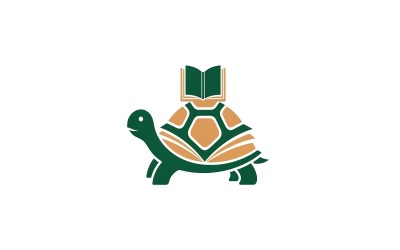 Tartaruga stilizzata verde e arancione che porta un libro aperto sul suo guscio, isolata su sfondo bianco