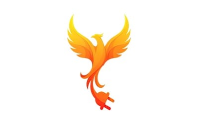 Vibrant orange and yellow phoenix bird logo with electrical plug tail isolated on white background