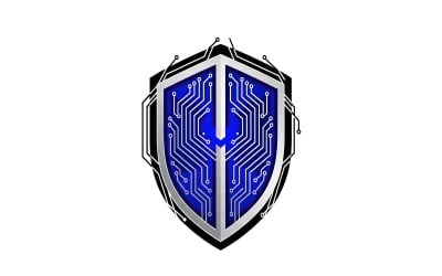 Digital shield logo with integrated glowing blue circuit board pattern