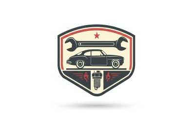 Retro automotive service emblem featuring a classic car wrench and spark plug design