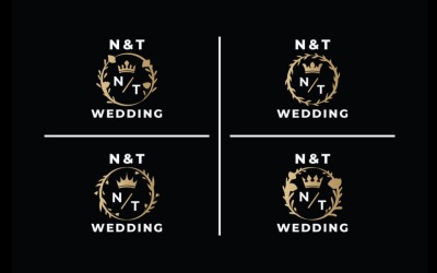 Elegante logo per matrimonio N&amp;amp;T con monogramma dorato, corona e ghirlanda