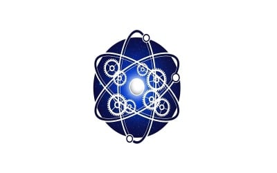 Atom model with gears orbiting a central sphere on a blue starry background, vector logo