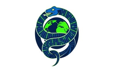 Blue and green snake with binary code patterns coiled around a green and blue globe, logo design
