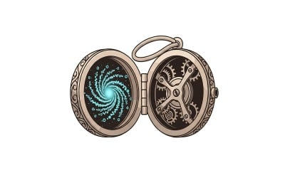 Open locket with a blue galaxy swirl on one side and gears on the other side logo