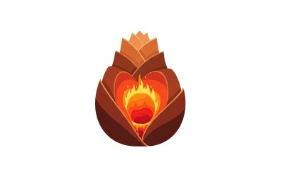Stylized flower bud with brown petals and a fiery orange center, vector logo