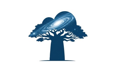 Silhouette of a Baobab tree filled with a swirling blue galaxy and stars, logo design