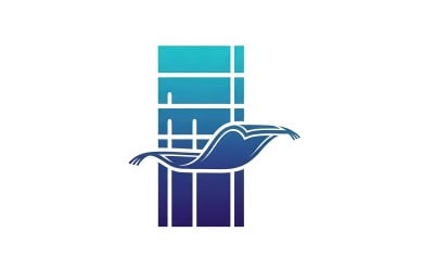 Сучасна будівля з відображенням хвиль на воді, дизайн логотипу, ізольований на білому тлі