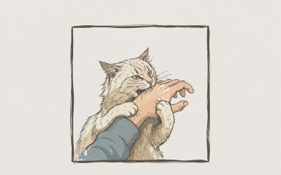 Кіт кусає руку PNG, кумедна футболка з котячим нападом, гумористичне мистецтво для домашніх тварин, подарунок для власника кота, мем про кота для друку.