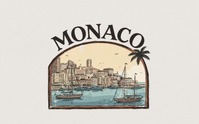 Вінтажна туристична футболка Monaco PNG, ретро-футболка з горизонтом Монако, прибережний міський пейзаж PNG, Середземномор&amp;#39;я
