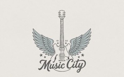 Music City PNG, цифрове мистецтво крилатої гітари в Нашвіллі, вінтажна музична футболка, подарунок ретро-гітаристу