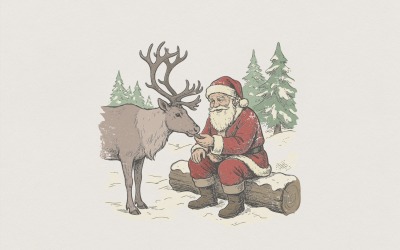 Санта Клаус годує оленів PNG, вінтажна різдвяна сцена, святкова футболка PNG, Санта та олень