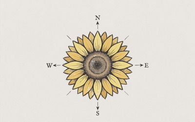 Соняшниковий компас PNG, мистецтво півночі, південного сходу та заходу, жовта сорочка з квітковим принтом, декор природи в бохо-стилі.