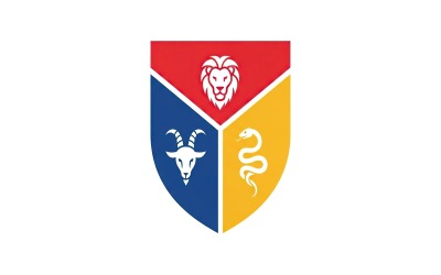 Flat vector shield emblem with white lion, goat, snake, red, blue,, isolated on white background