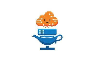 Happy orange cloud, circuit lines, blue server, magic lamp, modern, isolated on white background