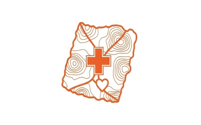 Minimalist map outline combined with orange first aid cross and heart, isolated on white background