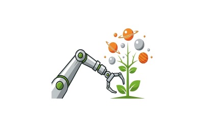 Robotic arm with green accents tending a stylized plant growing, isolated on white background