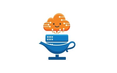 Щаслива помаранчева хмара, лінії електричного кола, синій сервер, чарівна лампа, сучасна, ізольована на білому тлі