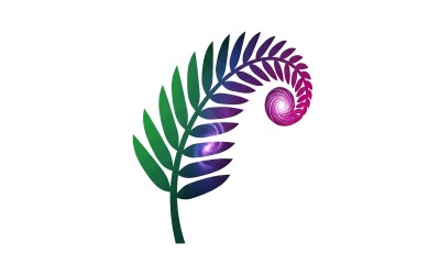 Stylized fern frond spiraling with cosmic galaxy pattern, green, isolated on white background