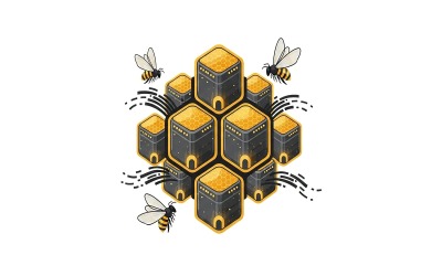 Conceptual logo of a decentralized network of black hexagonal, isolated on white background