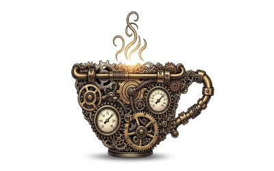 Intricate steampunk coffee cup crafted entirely from antique brass, isolated on white background