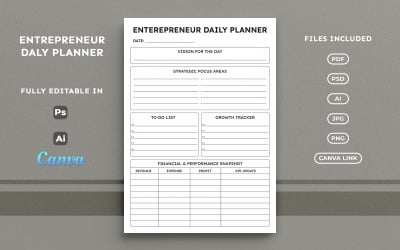 Entrepreneur Daily Planner Template – Business Planner,  Minimal A4 Page Design