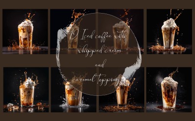 Iskaffe med vispad grädde och karamelltopping på svart bakgrund