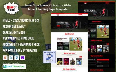 StrikerNest – Página de destino HTML para clube de futebol, clube esportivo, academia de futebol e treinamento