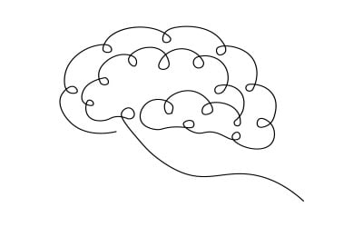 Ilustración de cerebro humano de una sola línea dibujada con curvas suaves que forman un efecto artístico.