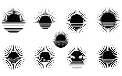 Black and white sun vector illustrations with diverse horizons,, isolated on white background