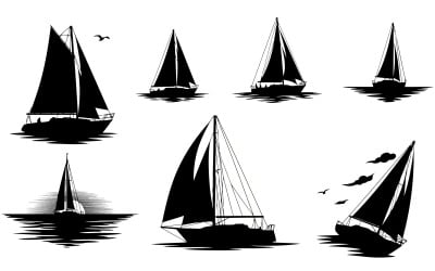 Black sailboat silhouettes sailing on calm water, diverse yacht, isolated on white background