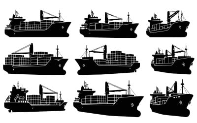 Black silhouette cargo ships loaded with containers, cranes, and, isolated on white background