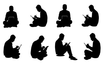 Black silhouettes of men sitting, using tablets and styluses in, isolated on white background