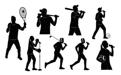 Black silhouettes of various people playing sports and singing,, isolated on white background