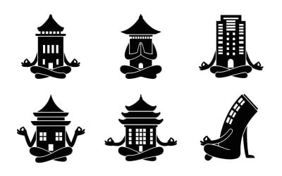 Black vector silhouettes of various buildings, from pagodas to high, isolated on white background