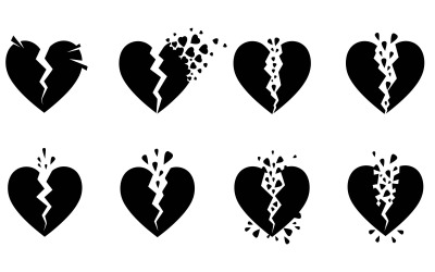 Collection of black broken heart icons with jagged cracks and, isolated on white background