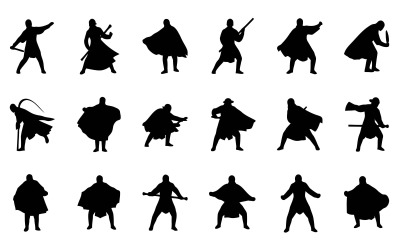 Collection of black silhouette male warriors in dynamic action poses,, isolated on white background