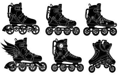 Collection of detailed steampunk style inline skates with gears,, isolated on white background