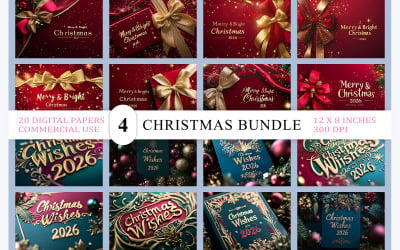 Elegant Merry &amp;amp; Bright Christmas 2026 Card | Golden Ribbon Christmas Wishes 2026 Holiday Bundle