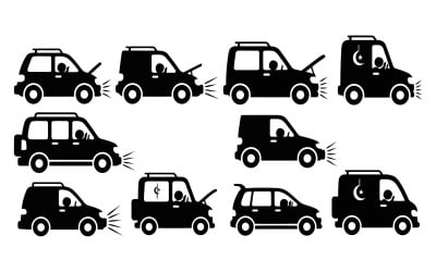 Flat vector black silhouette icons of cars, vans, and SUVs, showing, isolated on white background