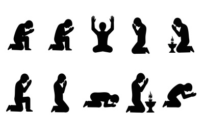 Flat vector black silhouettes of people kneeling, praying, and bowing, isolated on white background