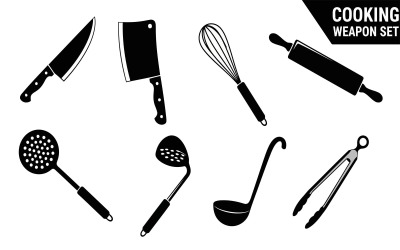 Flat vector silhouette set of essential kitchen cooking and baking, isolated on white background