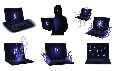 Ilustración vectorial plana de portátiles oscuros que muestran runas brillantes, aisladas sobre fondo blanco