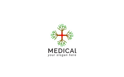 Medical logo design template with the combination of plus symbol and tree branches