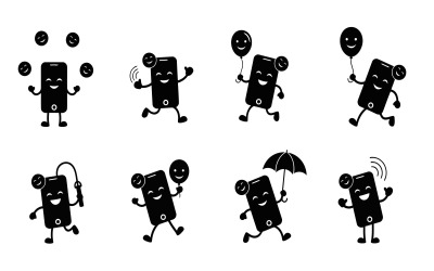 Playful black smartphones with happy faces performing diverse, isolated on white background