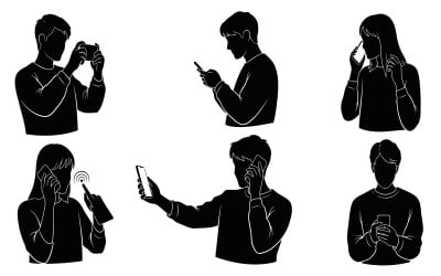 Six black silhouettes of people using phones for calls, texts, games,, isolated on white background