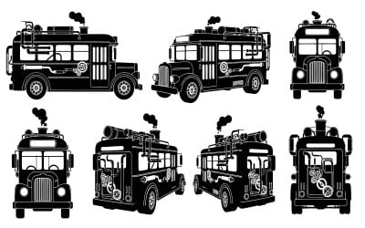Steampunk-Schulbus-Silhouette, schwarze Vektorillustrationen, isoliert auf weißem Hintergrund