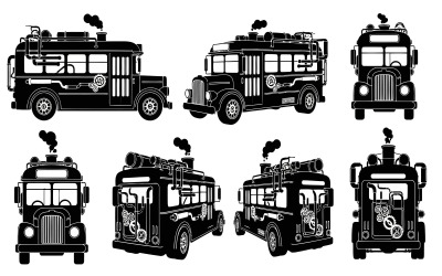 Steampunk skolbuss svart silhuett vektorillustrationer, med, isolerad på vit bakgrund